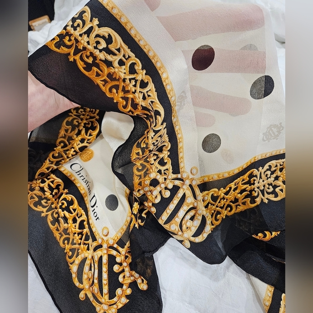 Christian Dior Vintage Emblem Logo Polka Dot Pattern Silk Scarf + Dior Hard Box - Picture 9 of 9